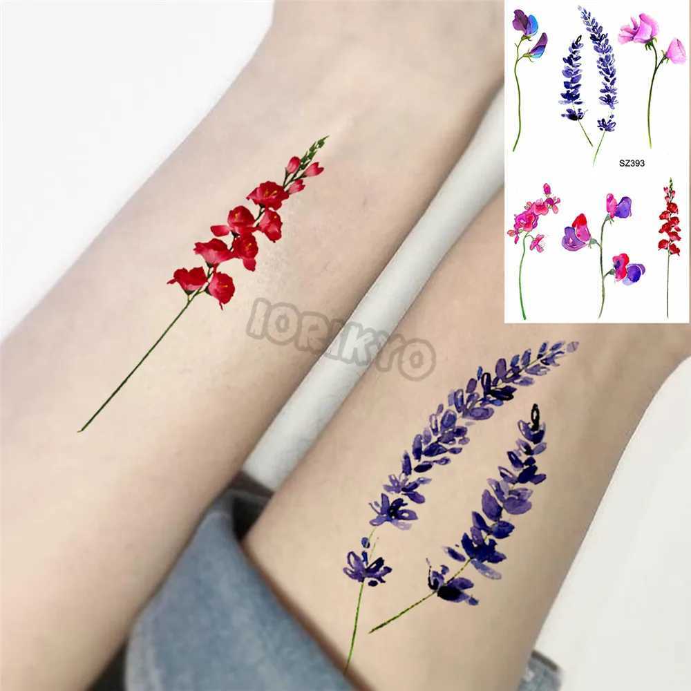 Tatueringsöverföring färgglad kolibri små tillfälliga tatueringar för kvinnor flickor lavendel plommon blomma falsk tatuering klistermärke bröllop hals tatoos örat 240427