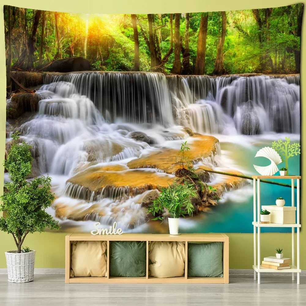 Tapestries Maple Leaf Forest and Waterfall Landscape Painting Tapestry Wall Hanging Art Nature Plant Boho Dormitory Living Room Decor