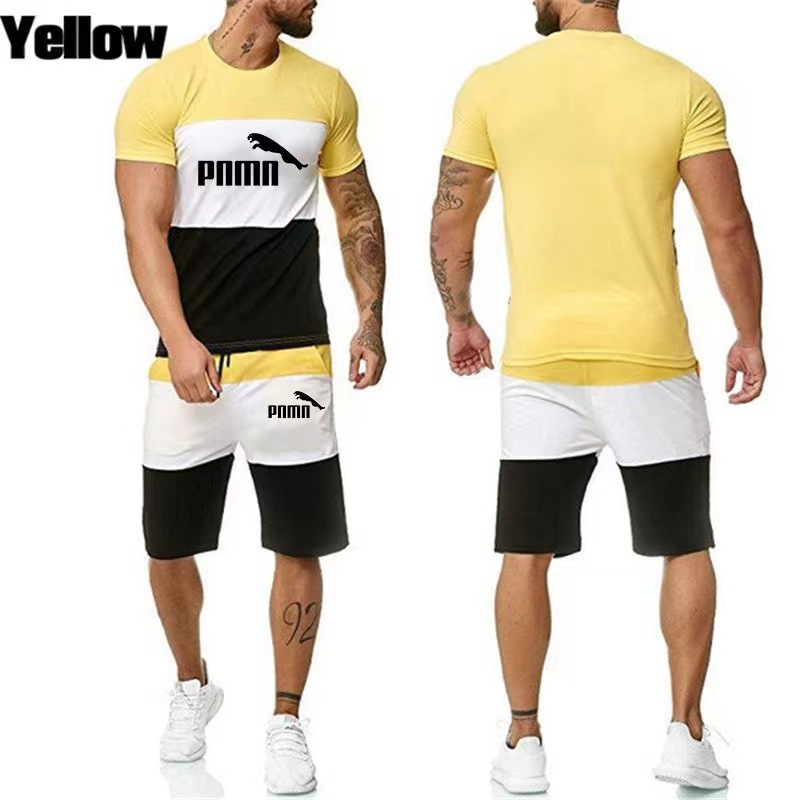 2024 foreign trade summer men's plus-size leisure sports breathable thin suit men's color matching T-shirt set in stock