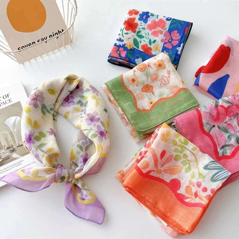 Bandanas Durag Womens cotton linen small square scarf headscarf shawl headband collar floral print headscarf 58 * 58cm soft scarf 240426