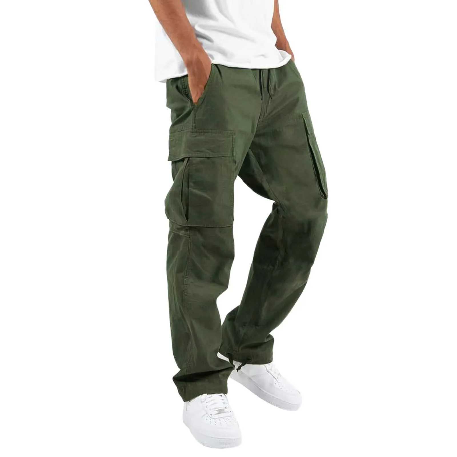 Men's Pants New 2023 Mens Trousers Full Length Solid Color Loose Multi Pocket Drawstring Pocket Mens Trousers 3XLL2404