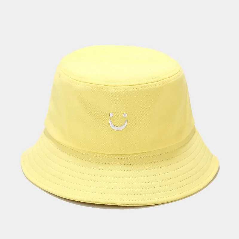 Brede rand hoeden emmer 2024 lente/zomer glimlachende gezicht geborduurde hoed Bob Mens Sunset Basin Fashion Cute Fisherman Wild Panama Q240427