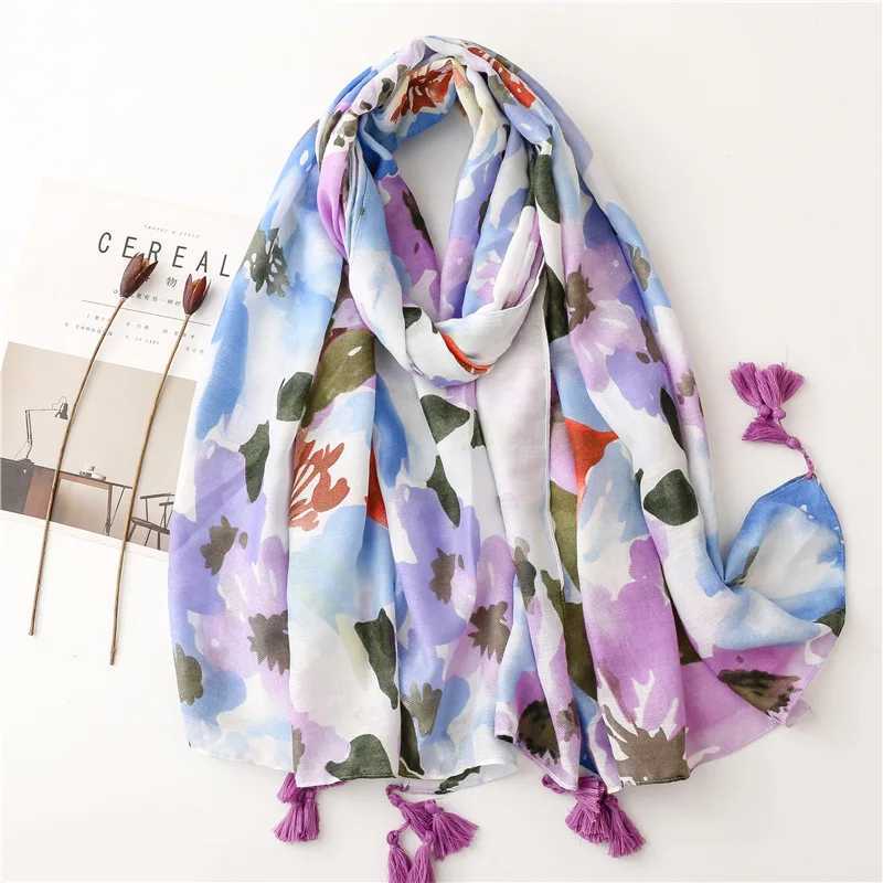 Shawls 2023 Luxury Brand Ink Painting Floral Tassel Viscose Shawl Scarf Lady High Quality Pashmina Hijab and Wraps Foulard Muslim Sjaal d240426