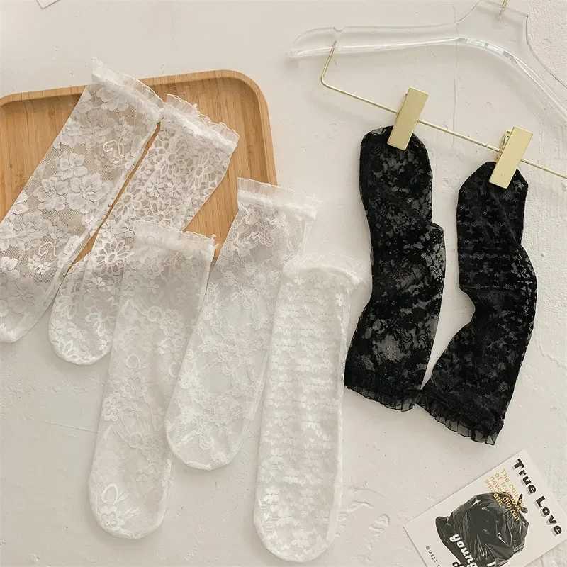 Meias para crianças verão bebê menina meias transparentes estilo coreano doce princesa renda meias de panturrilha oca para garoto meias de malha fina alta meias longas
