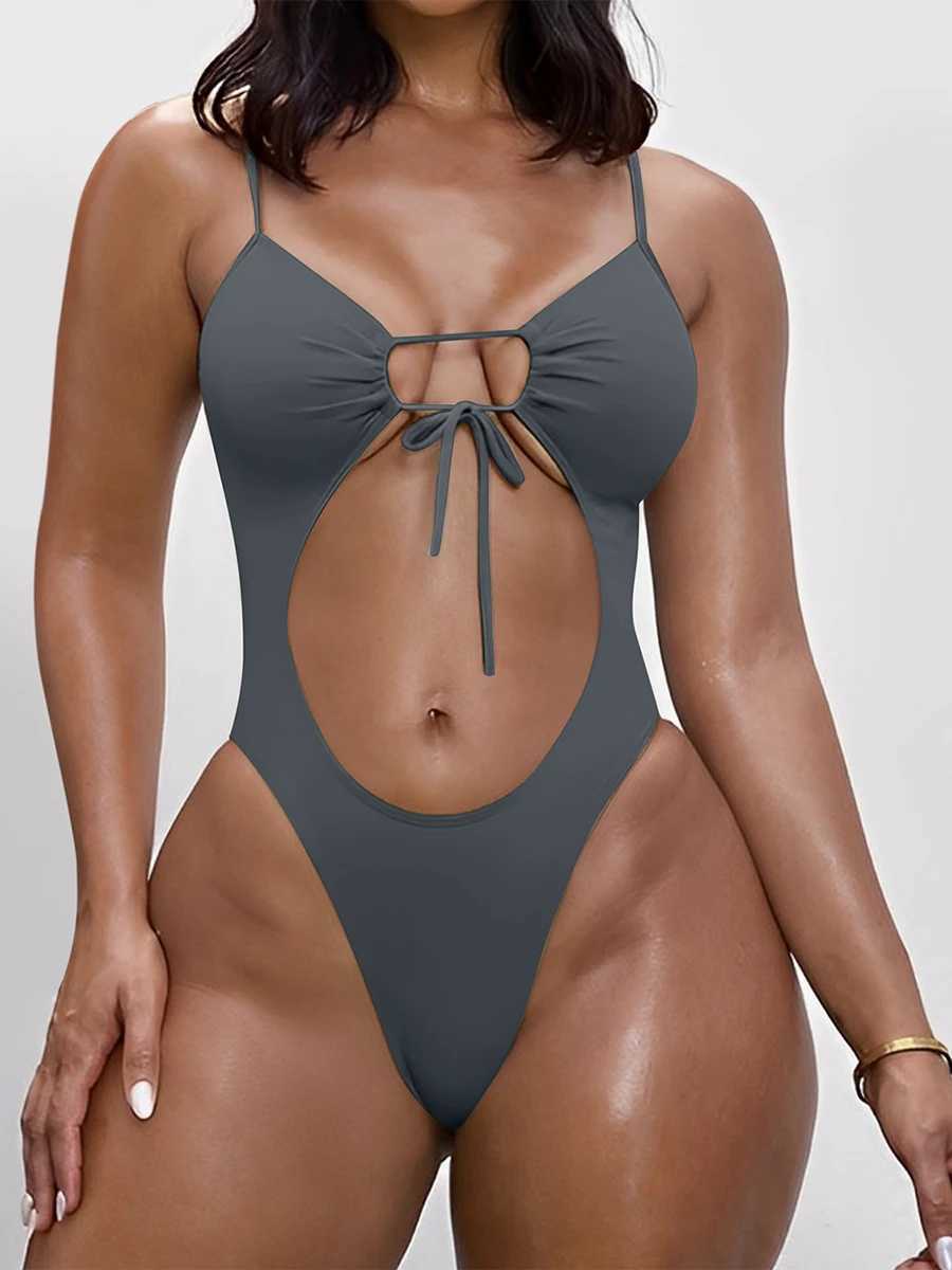 Женские купальные костюмы 2024 Hollow High Cut One Piece Swimsuit Женщины твердые струны сексуальные купальники женская пляжная купания купание купание купальное костюм