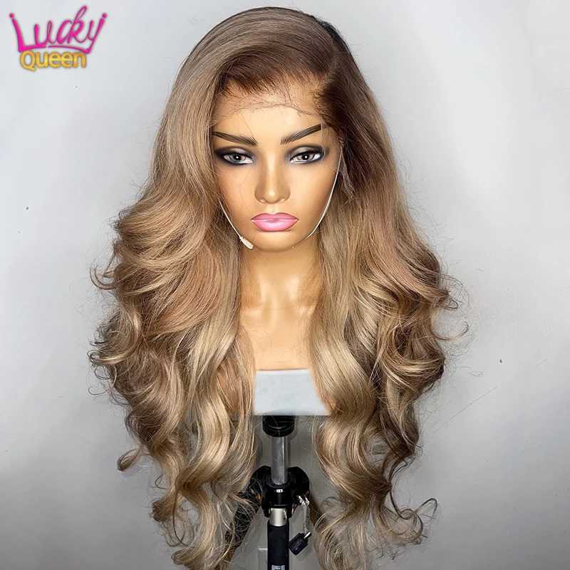 Synthetic Wigs Ombre Blonde 13X4 Transparent Lace Front Human Hair Wig Brown Root Glueless Body Wave Grey 5X5 Closed Pre Detached Q240427