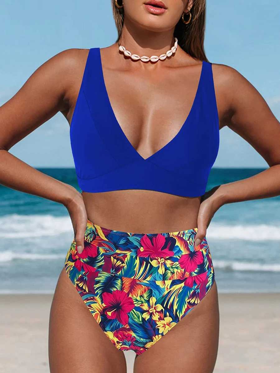 Swimwear pour femmes V Bikinis de cou 2024 Femmes High Waist Swimsuit Print Sweetwear Swimers Femme Bathonage Swimming Swim Swimwarwear