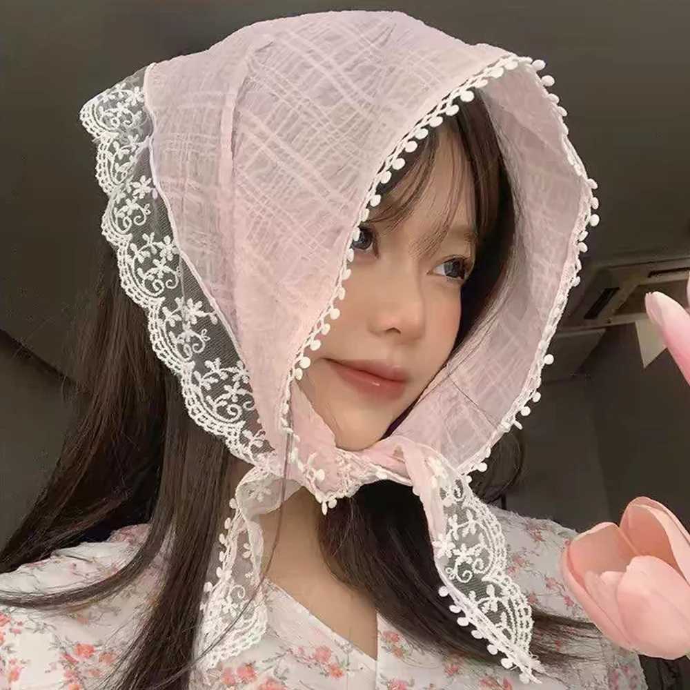 Bandanas Durag Girls Sweet Palace Hat Bandanas Turbo Hat Zomer kanten driehoek Hoofdkleding Hoofdkleding Koreaanse sjaalhoofdband Haaraccessoires 240426