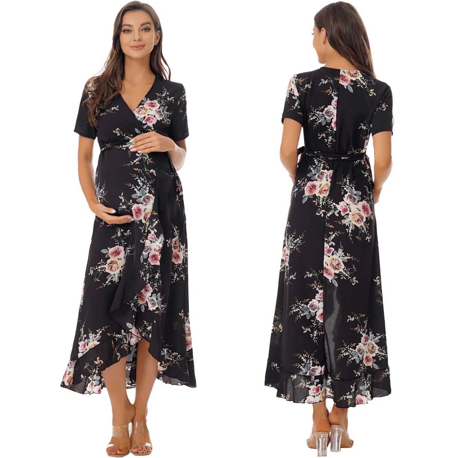 Maternity Dresses Pregnant womens printed chiffon dress with V-neck short sleeved bag and long skirt suitable for parties daily wear summer Q2404271