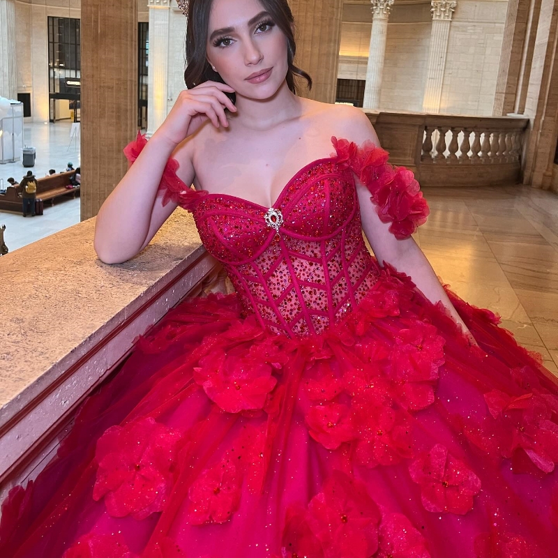 Robe à balle en chérie rouge brillant robes de quinceanera sur les perles de fleur de l'épaule Vestido de 15 anos sweet 16
