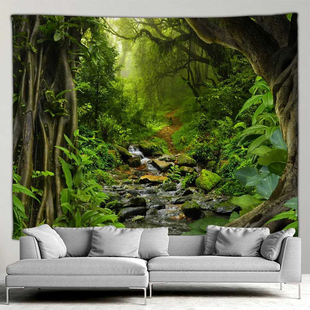 Tapestries Outdoor Garden Poster Forest Waterfall Landscape Tapestry Tropical Plants Landscape Home Patio Wall Hanging Art Decor Mural