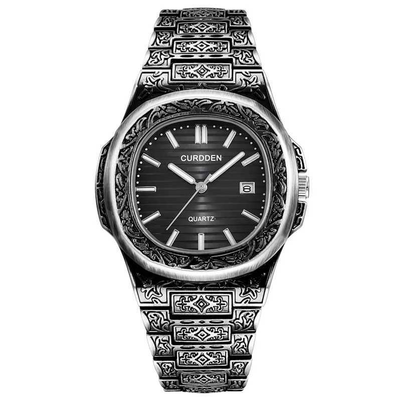 Montre-bracelettes masculines authentique Curdden Clock Clock Fashion Alloy Band Unique Arabesque Hip Hop Golden Date Designer Relojes Lujo Marcas Men Q240426