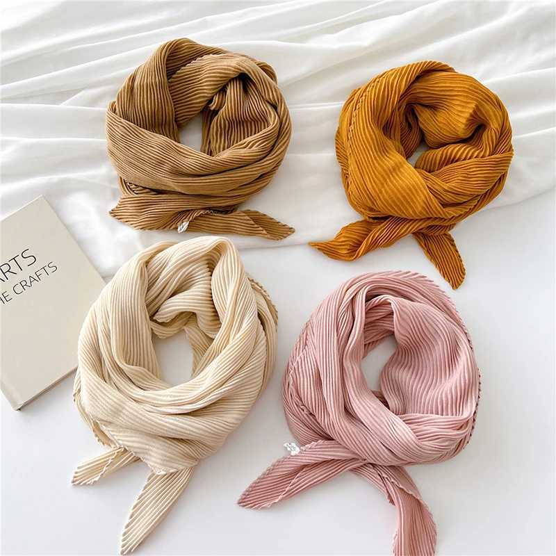 Bandanas Durag Curled and wrinkled square scarf solid color scarf shawl womens Muslim headscarf cotton viscose lace headscarf thin large headscarf 90 * 90cm 240426