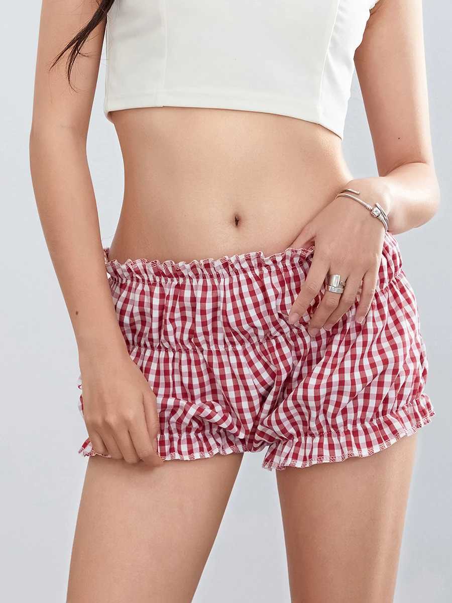 Shorts pour femmes Femmes Y2k Plaid Shorts Ruffled Elastic Blooter Short Low Rise Boy Bottom Kawaii Lounge Shorts D240426