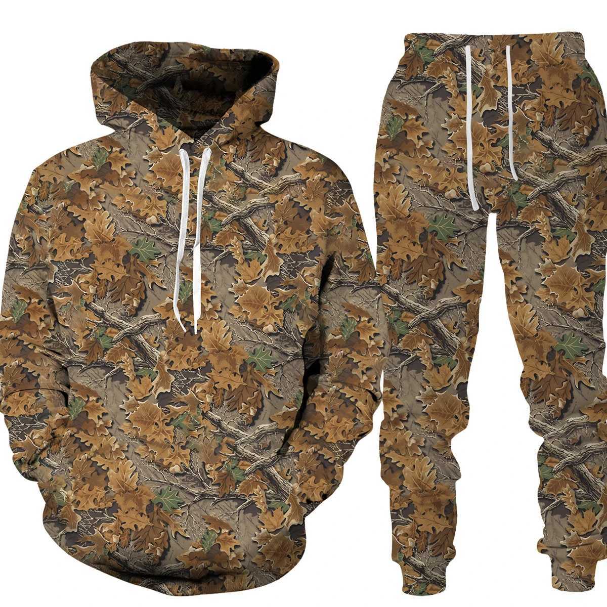 Heren Hoodies Sweatshirts Camouflage Hunting Dier 3D Printing Hapleed Sweatshirt Track en Field 2-delige sportkleding Mens unisex kleding set 240425
