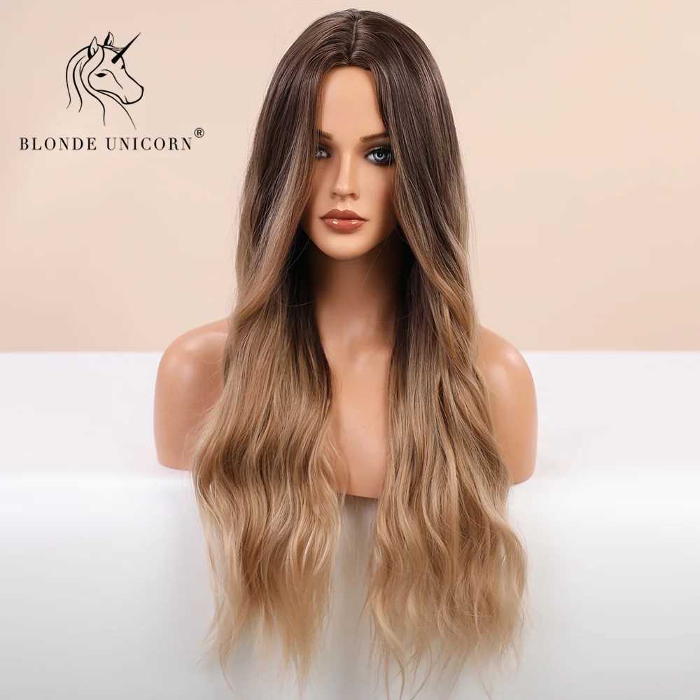 Synthetische pruiken goudharige eenhoorn synthetische pruik Ombre blond blond bruin lang gesplitste haar dames natuurgolf warmtebestendige vezel Q240427