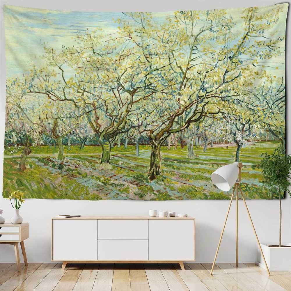 Tapisserier Forest Landscape Architecture Tapestry Wall Hanging Bohemian Van Gogh Oil Målning Abstrakt Witchcraft Eesthetics Room Decor