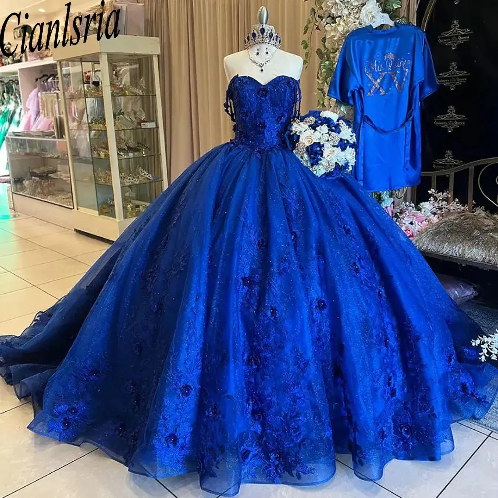 Royal Blue Glitter Crystal 3D Flowers Quinceanera Dresses Ball Gown Off The Shoulder Appliques Lace Princess Sweet 15 Birthday