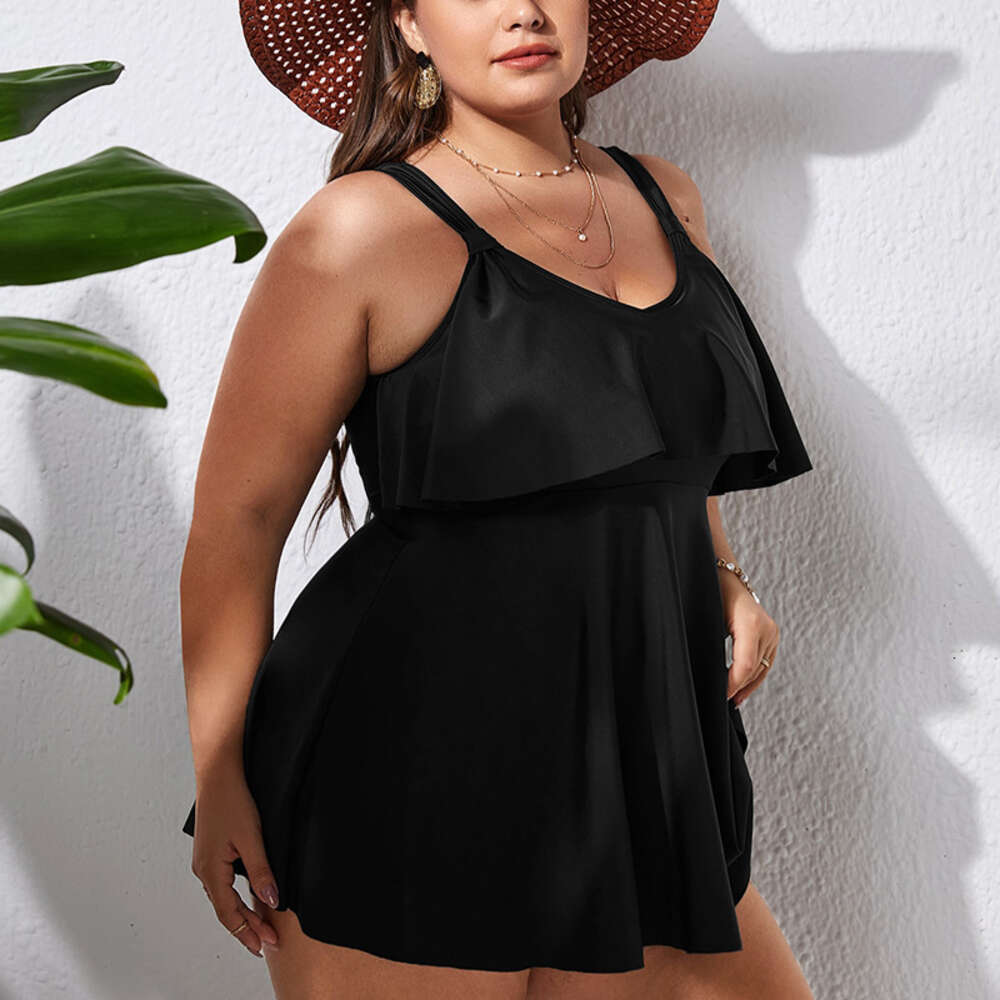 New Fat Up Women's One Piece Bikini Solid Color Conservative Skirt with Ruffle Edge Swimsuit