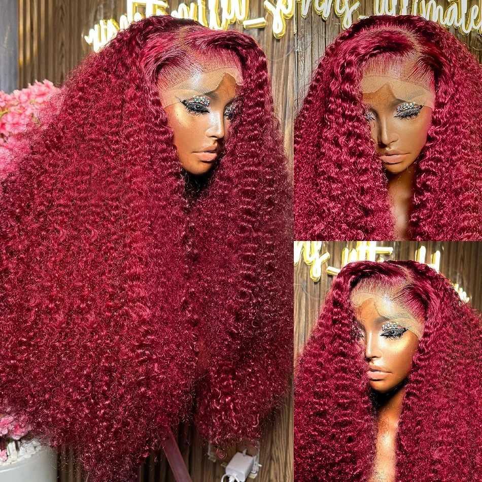 Synthetic Wigs 200 density 13x4 deep curly lace front wig 99J Burgundy 30 32 inches red HD wave human hair Q240427