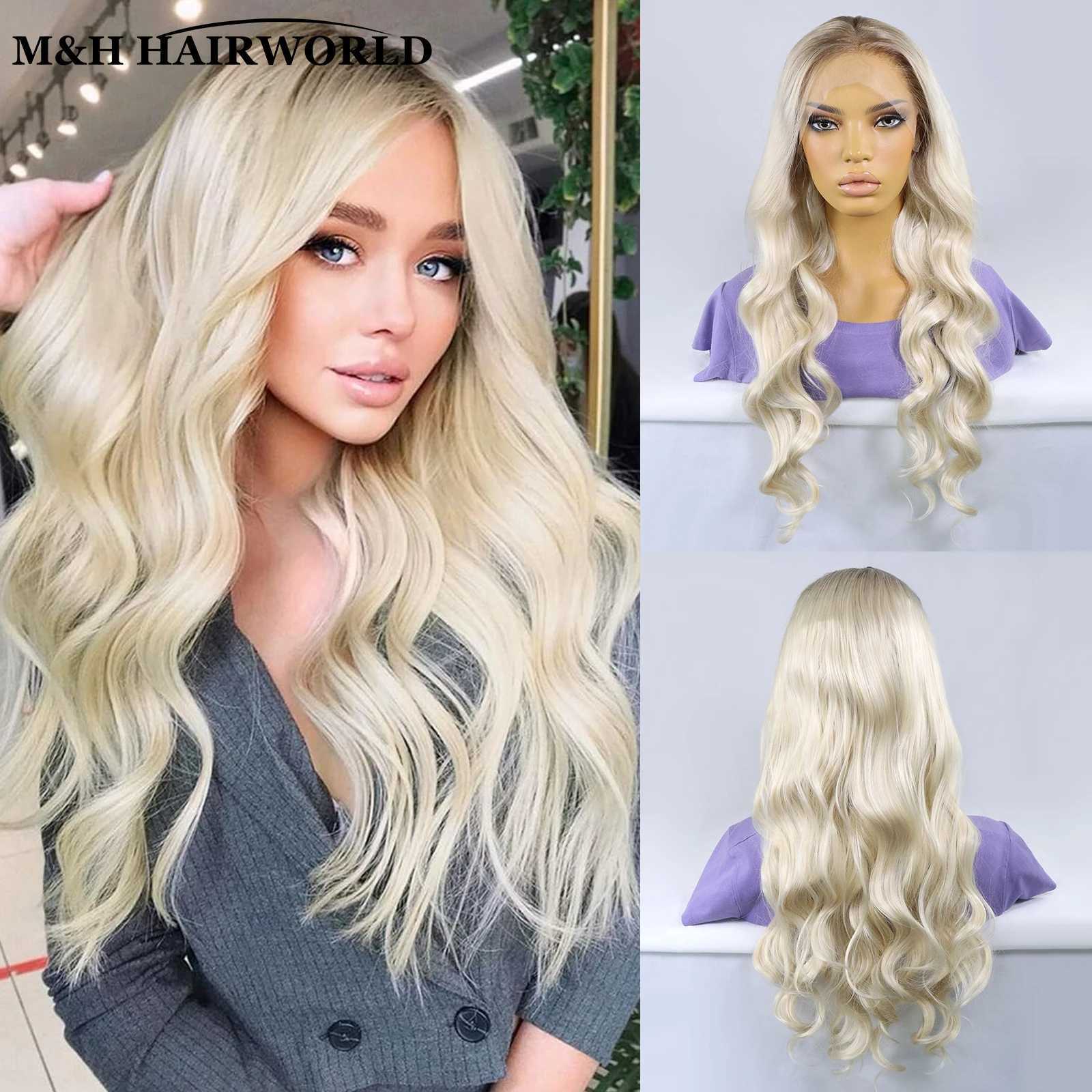 Synthetic Wigs Ombre blonde synthetic lace front wig suitable for women dark roots long curly wave non adhesive daily use Q240427
