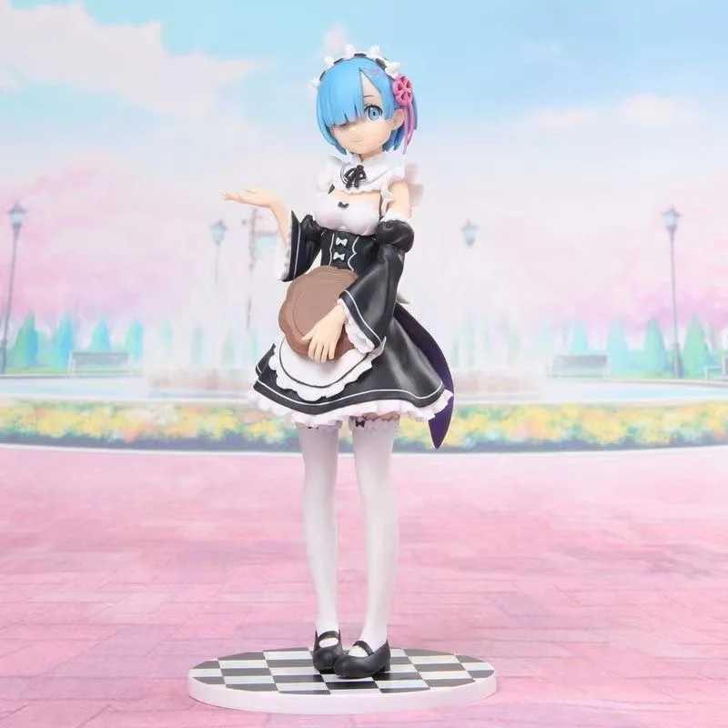 Anime Manga Blue Hair Service Girl Picture Rem Cake Sitting Toy Model Cute Doll Toy Sculpture Decorative Box PackagingL2404