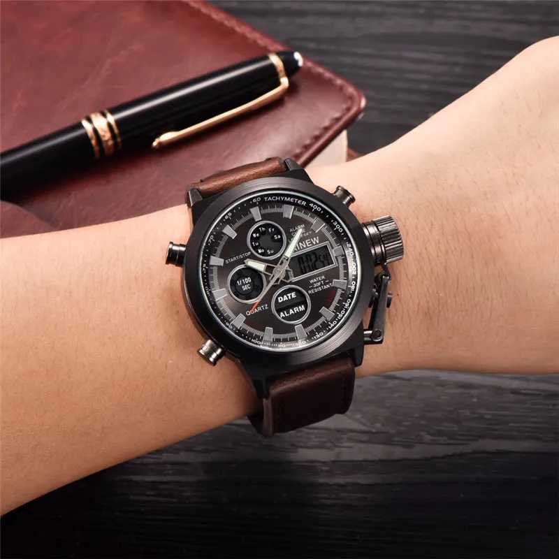 Montre-bracelettes Brand Chronograph Business for Men Fashion Leather Band ALARM ALARM STOP MULTIFONCTION MORD ELECTRONIQUE Black Q240426