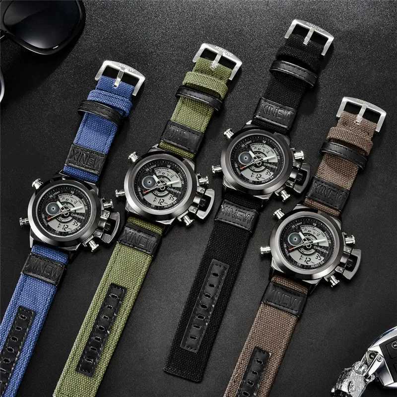 Armbandsur original märke kronograf designer es för män mode nylonband dubbeltid multifunktion sport kvarts digital 2024 Q240426