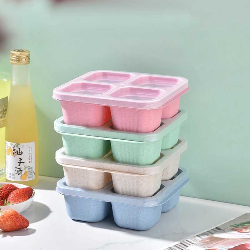 Bento Boxes Square Divider Lunch Box återanvändbar 4 Företagets matbehållare Snackmuttrar med lock Vete Straw Kitchen Supplies Q240427