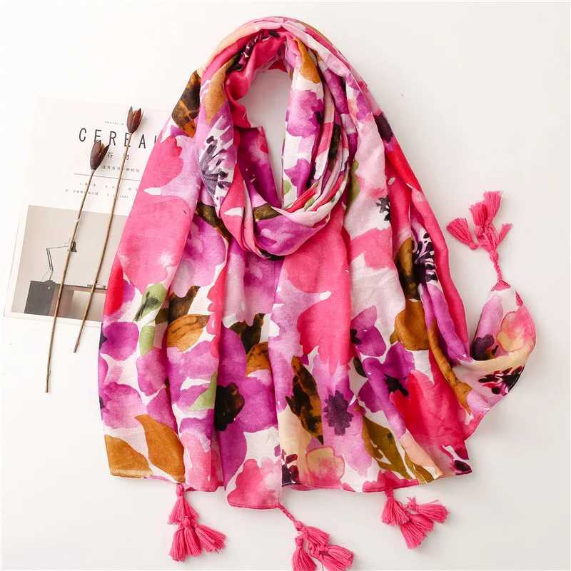 Shawls 2023 Luxury Brand Ink Painting Floral Tassel Viscose Shawl Scarf Lady High Quality Pashmina Hijab and Wraps Foulard Muslim Sjaal d240426