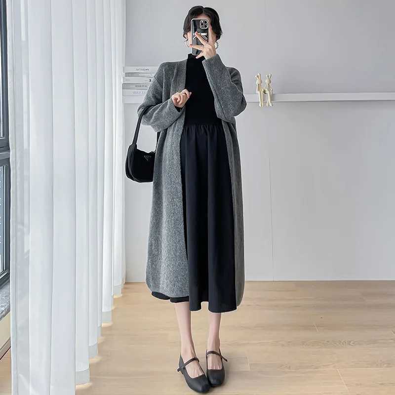 Zwangerschapsjurken Zwangere damesavondjurk Lazy Soft Rubber Cardigan Sweater Lange trui+Dunne zwarte zwangere vrouw Q240427