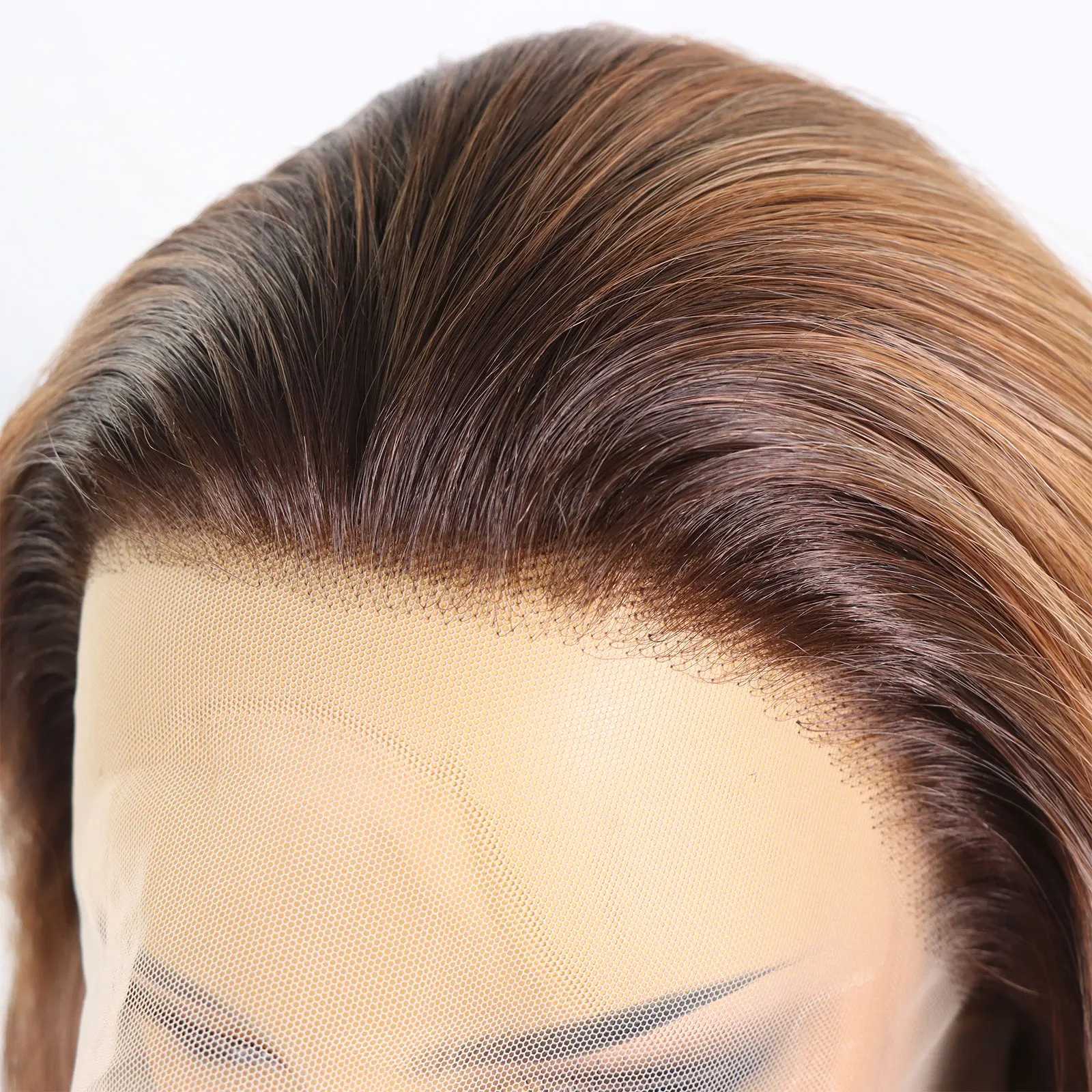 Synthetische Perücken Ingwer Brown Highlight Bunte Haarspitzen vordere Perücke für weibliche Rolle, die lange Wellenklebstoff frei spielen 13x4 Q240427