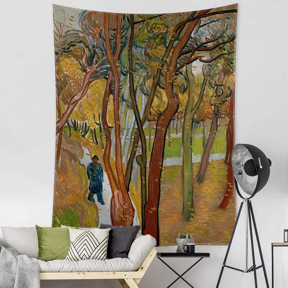 Tapisserier Forest Landscape Architecture Tapestry Wall Hanging Bohemian Van Gogh Oil Målning Abstrakt Witchcraft Eesthetics Room Decor