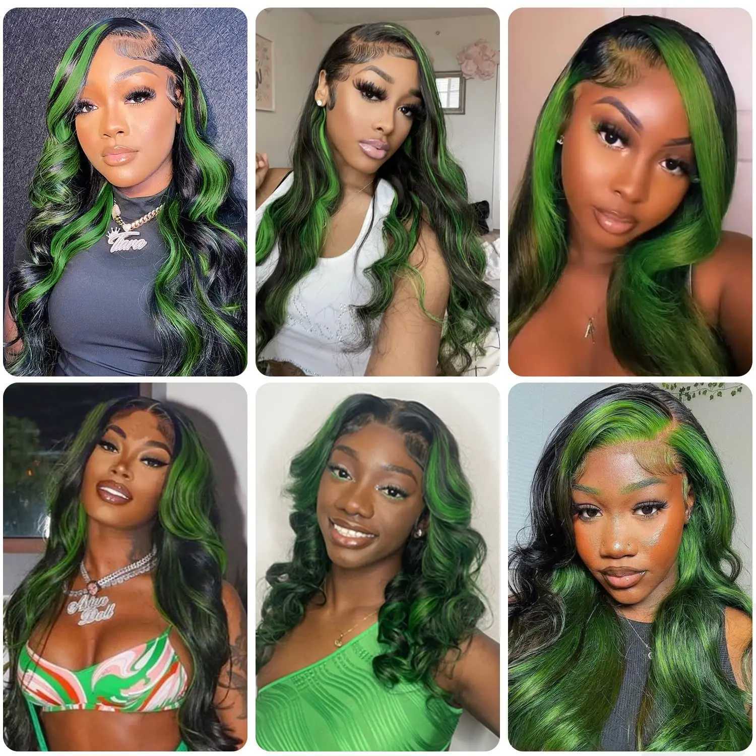Syntetiska peruker Grön höjdpunkt Syntetisk spetsfront peruk lämplig för kvinnor svart och grön kroppsvåg stängd ombre pre -plockad Q240427