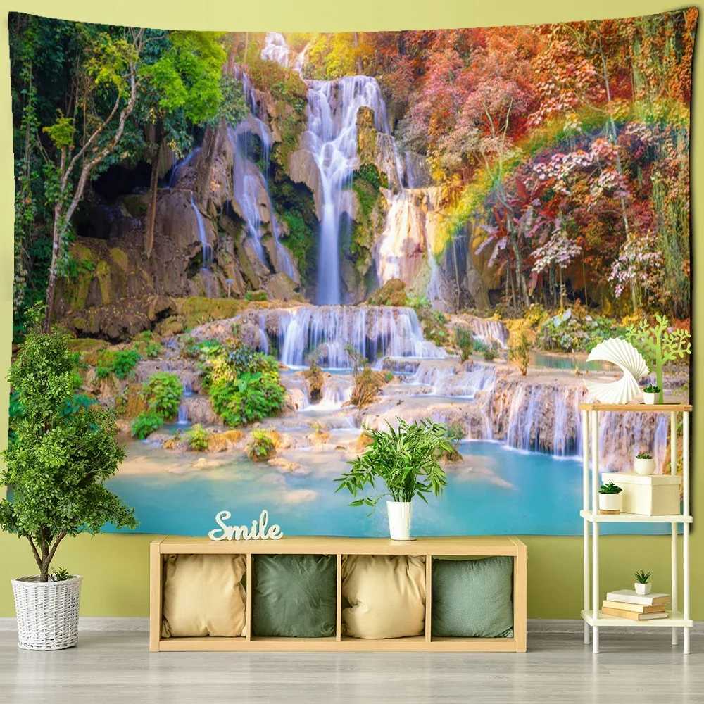 Tapestries Maple Leaf Forest and Waterfall Landscape Painting Tapestry Wall Hanging Art Nature Plant Boho Dormitory Living Room Decor