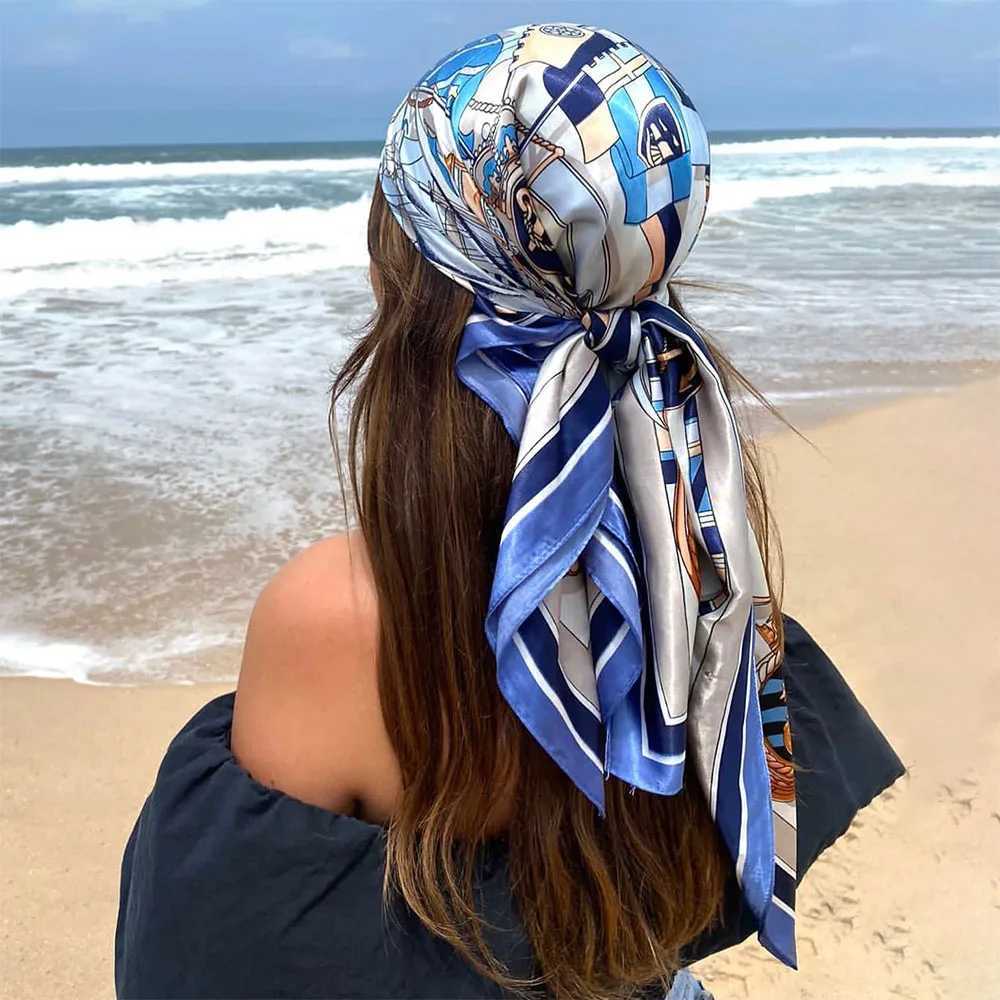 Bandanas Durag 90 * 90cmヘッドスカーフFoulard Iuxe Bandana Womens Headscarf Silk Scarf Womens Headscarf Vintage Seasonal Hair Scarf 240426