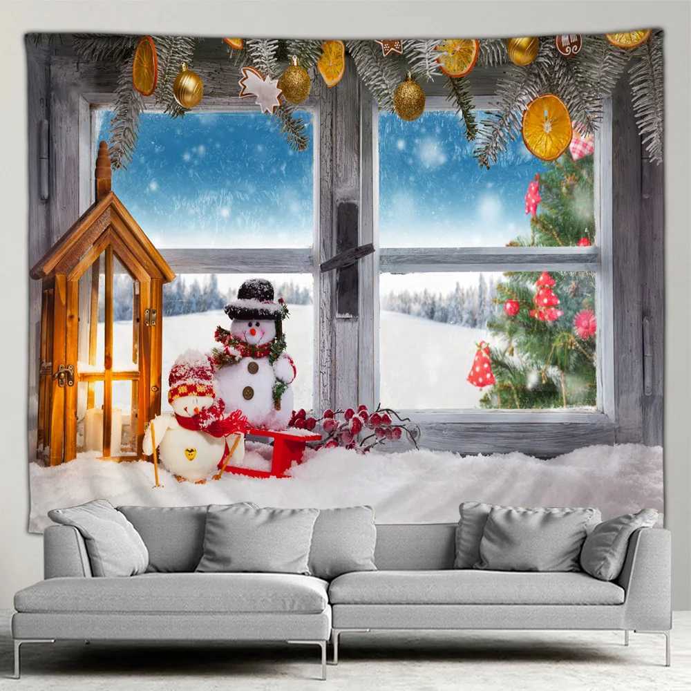 Wandteppiche Vintage Fenster Weihnachten thematisch Wandteppich Santas Geschenk Bauernhaus Country Haus Garten Wand Hanging Dekor Kunst Wohnzimmer Wandgemälde