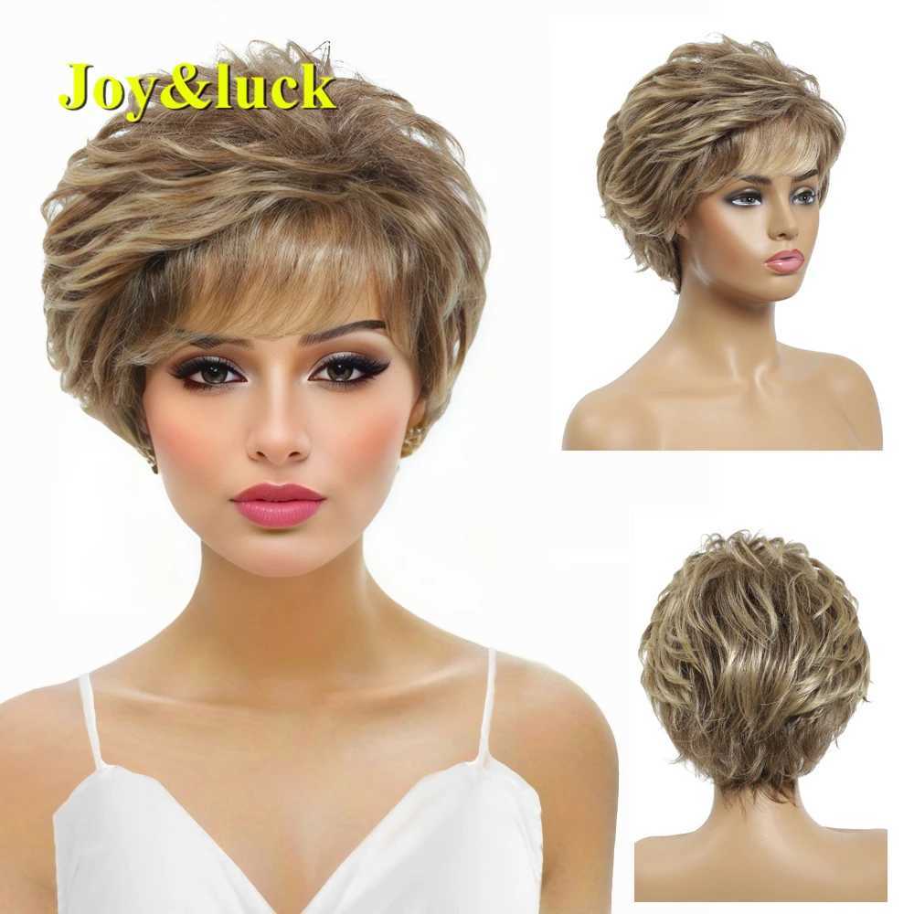 Parrucche sintetiche Joy Luck Luck Wig Brown Blend Golden Curly Syntetic Adacet for Women With Bangs Hiar Q240427