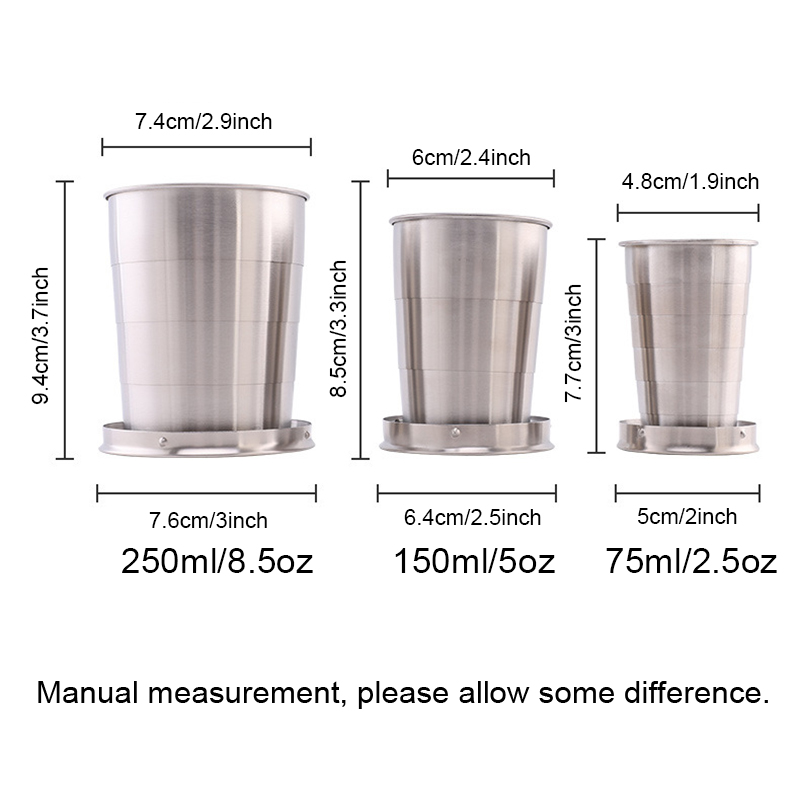 2.5oz/5oz/8.5oz Collapsible Cup Lightweight Compact rostfritt stål fällbar kopp tumbler camping mugg resenärer campare arbetare 75 ml/150 ml/250 ml HW0243