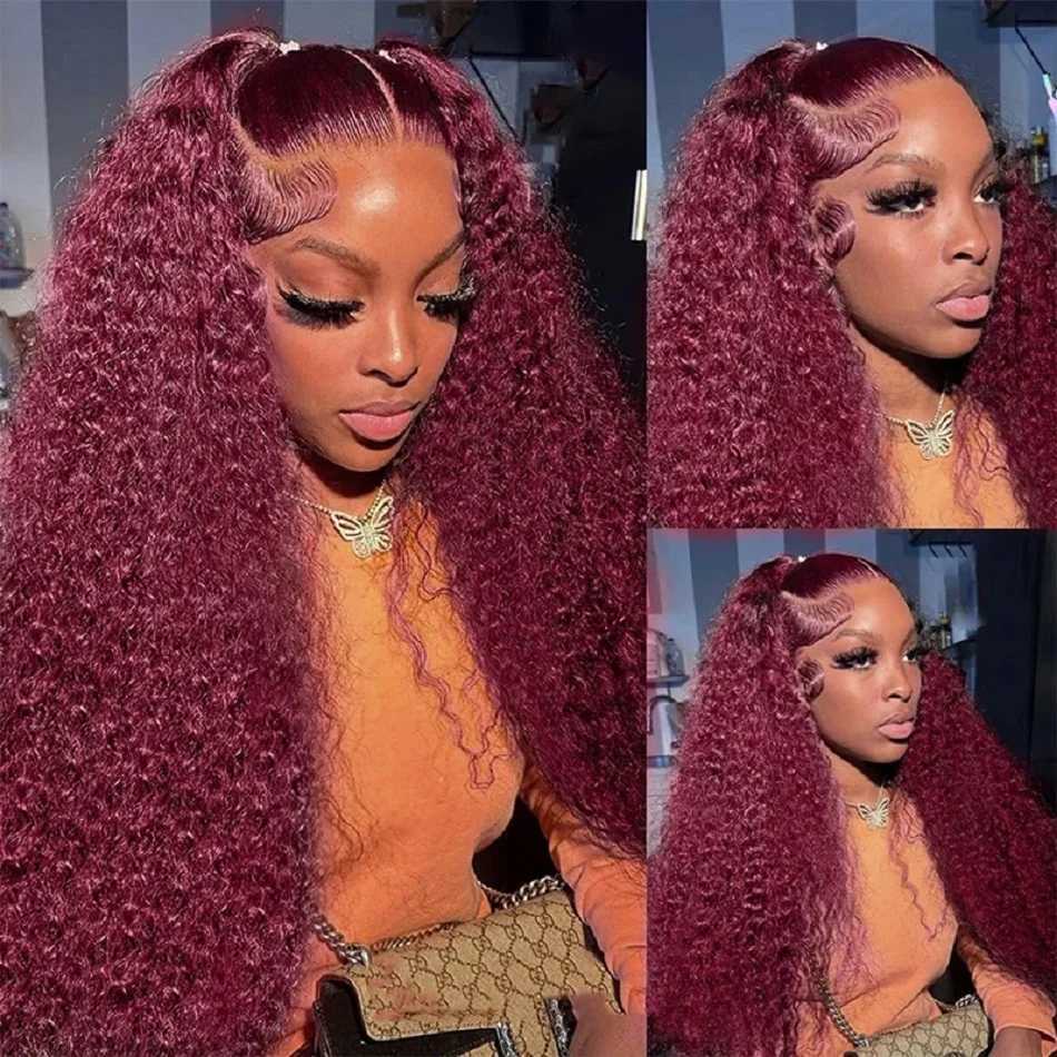 Synthetic Wigs 40 inch 99J Burgundy Water Curled 13x4 Lace Front Wig 250% Deep Wave 13x6 HD Transparent Womens Hair Q240427