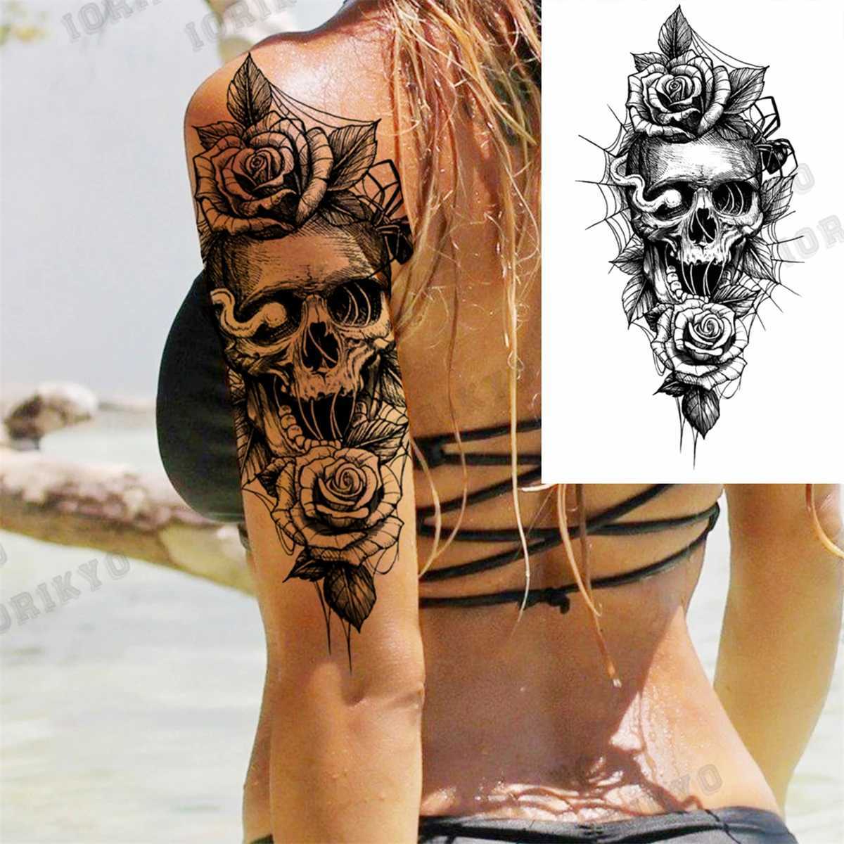 Tattoo Transfer 3D Skull Rose Flower Temporary Tattoos For Women Men Geometry Tiger Compass Mandala Fake Tattoo Washable Body Art Painting Tatoo 240426