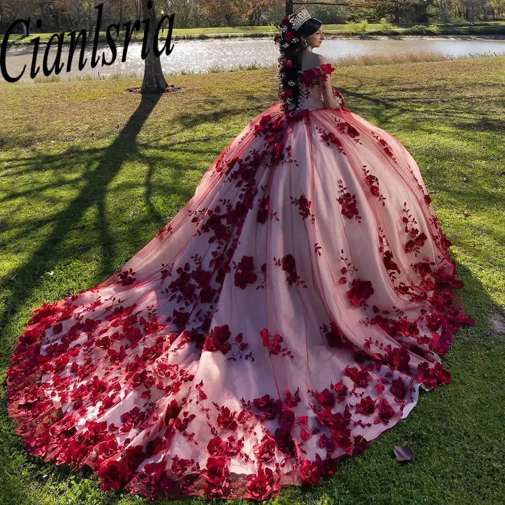 Red Beading 3D Floral Lace Quinceanera vestido de baile do ombro Princess para festa de aniversário de 15 anos