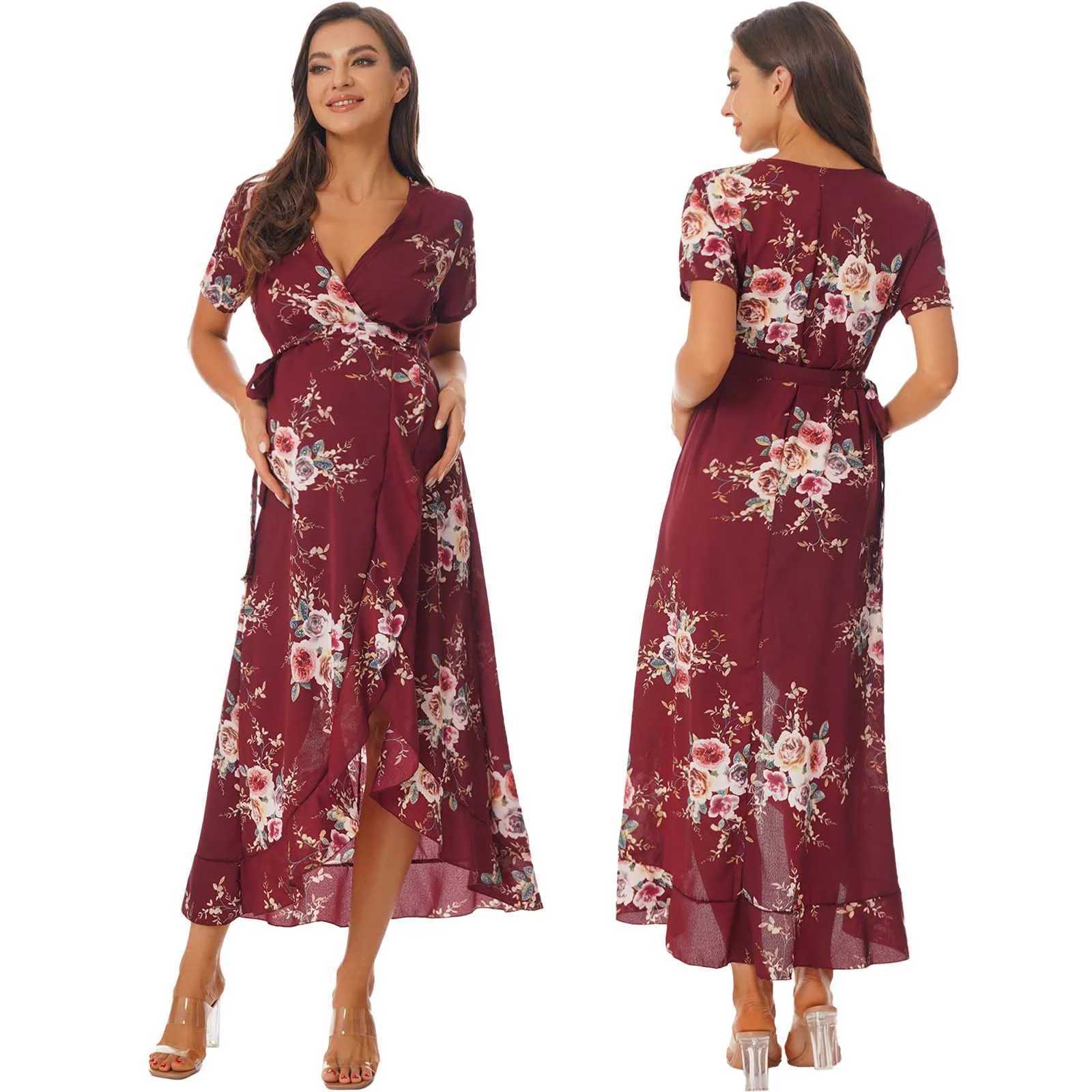 Maternity Dresses Pregnant womens printed chiffon dress with V-neck short sleeved bag and long skirt suitable for parties daily wear summer Q2404271