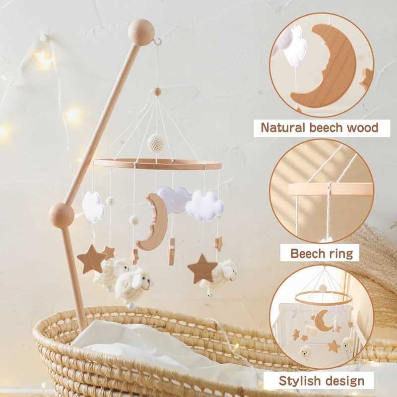 Mobiles # Wooden Baby Rattle Mobile 0-12mmonth Soft Felt Cartoon Sheep Star Moon Newborn Music Beld Hanging Bell Mobile Crib Bracket Toy D240426