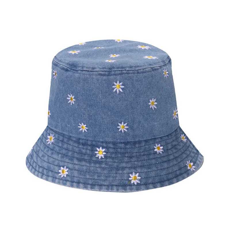 Chapéus de aba larga balde popular margarida bordada algodão jeans chapéu de verão feminino Spring Fisherman Exterior Travel Sunset Presente Q240427