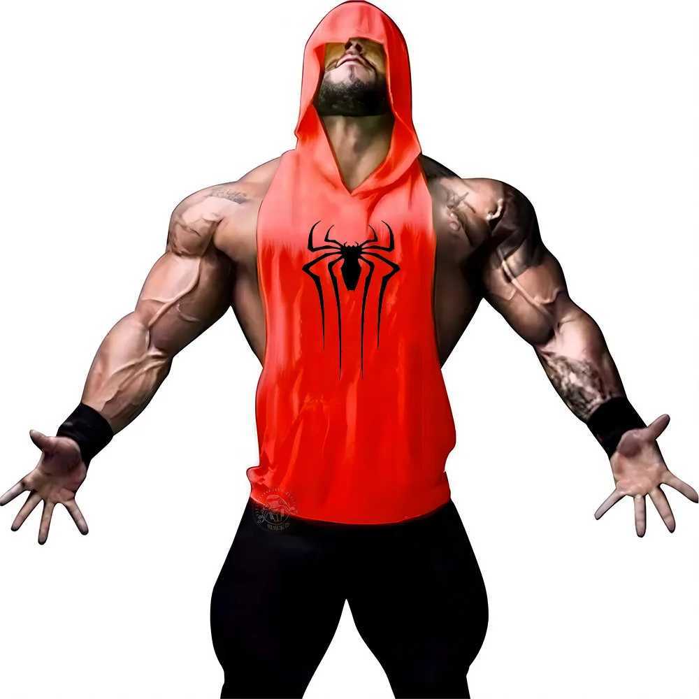 Herentanktops Y2K Gym Running Sports Hooded tanktop Heren Gedrukt Top 2D Red Spider Gedrukte Top Summer Outdoor Fitness Hooded tanktopl2404