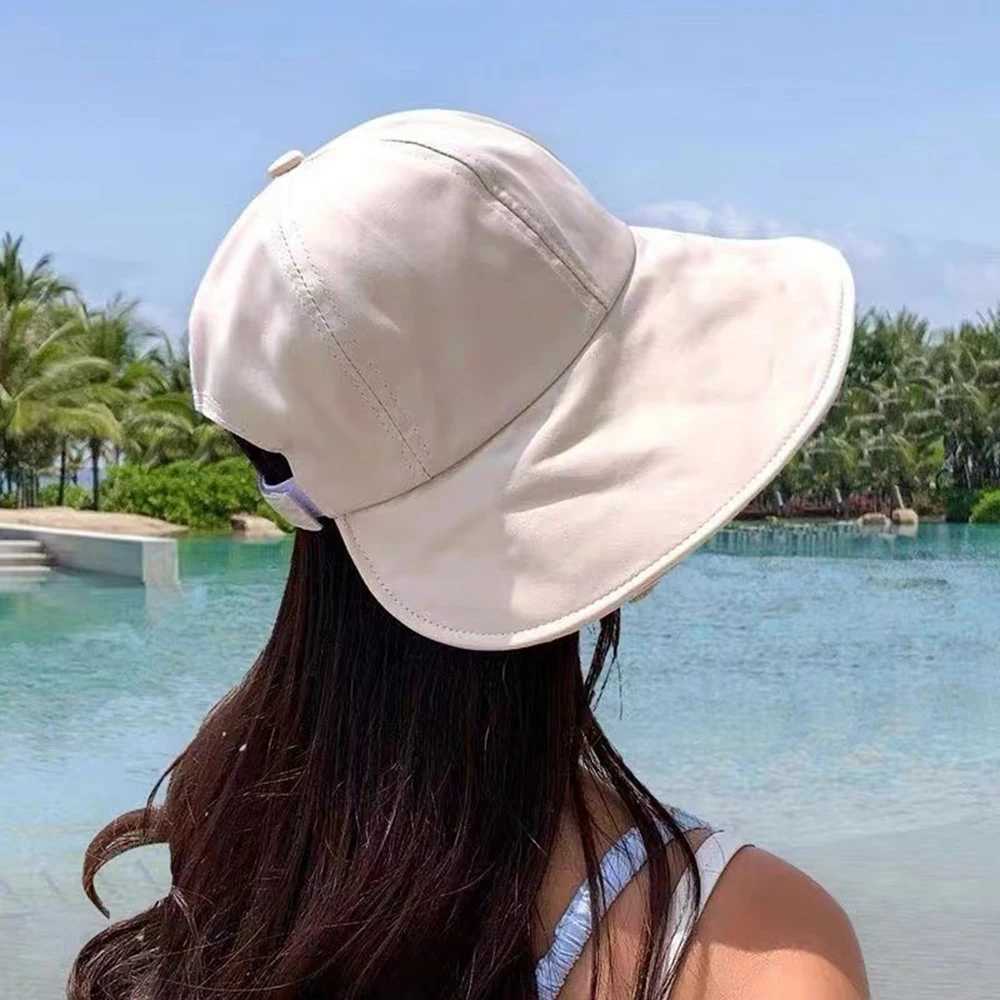 Beauts à bord large seau d'été largeur de soleil pour femmes chapeau de soleil pliable et réglable seau de plage extérieure couverture de protection UV pêcheur en queue de cheval Q240427