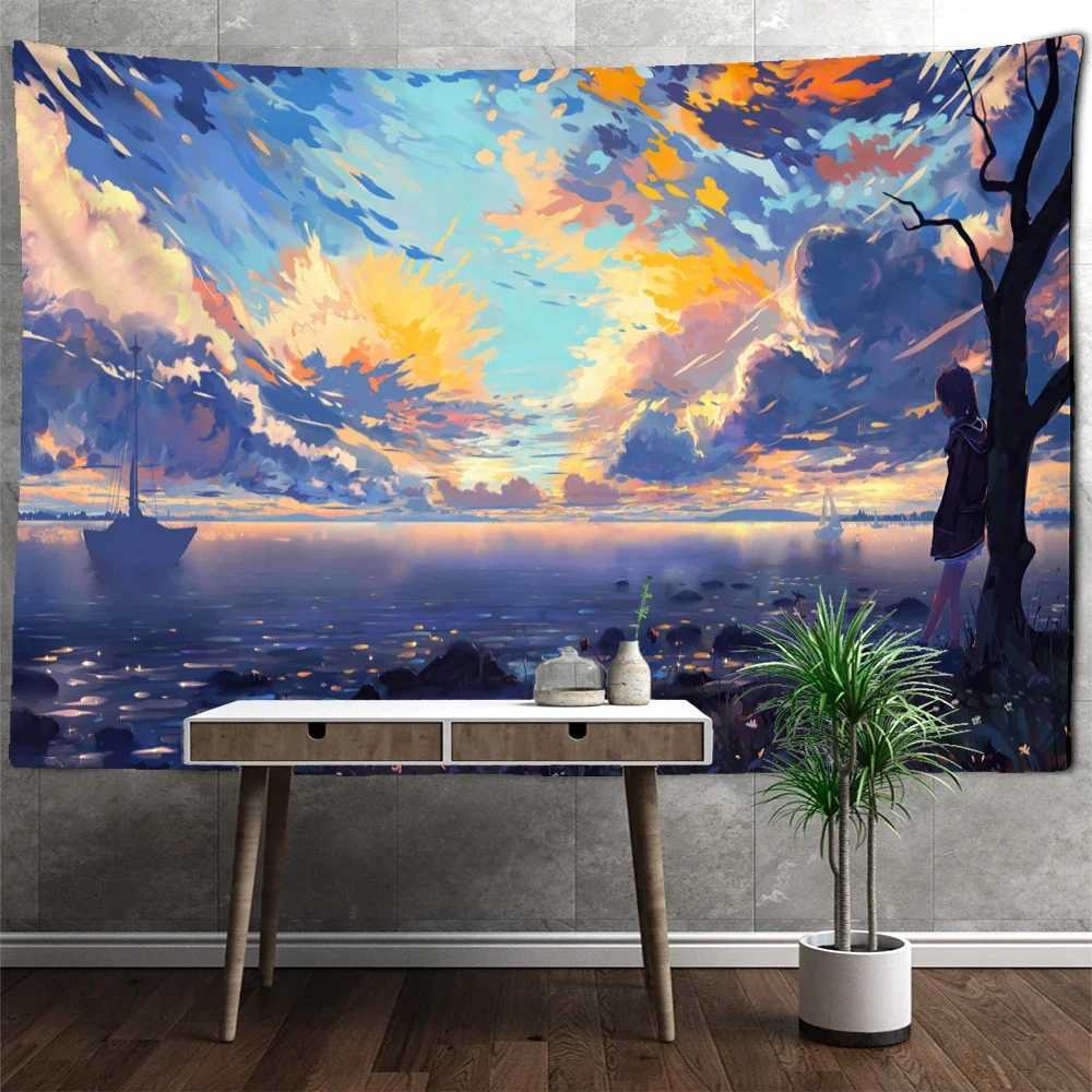 Wandteppiche Cartoon Girl Landschaft Wandteppich Wand Hanging Boho bunte Kawaii Ölmalerei Kunstraum Schlafsaal Dekor Hintergrund