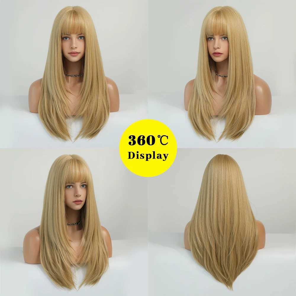 Synthetische pruiken blond lange rechte haarpruik dames met pony hittebestendige synthetische Halloween rollenspel dagelijkse natuurlijke Q240427