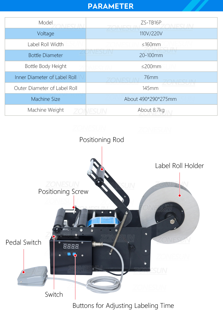 Zonesun ZS-TB16P Bottle Packing Machine Label Aplicador Rotulagem Máquina de Rotulação do Rajuste Elétrico Rouno Vidro de Vidro de Jarra de Jarra de Jarra de Valor Pacotamento